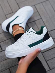 ​Women's Cloud White & Mint Accent Low-Top Sneakers - Textured Sole Everyday Shoes For Urban Pavement, Year-Round Minimalist Comfort Wear​ - Trắng và xanh - Xem 5