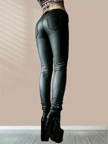 Women's PU Leather Skinny Pants With Button And Zipper Details Long Plain Casual Party Style Non-Stretch Leggings - màu đen - Xem 5