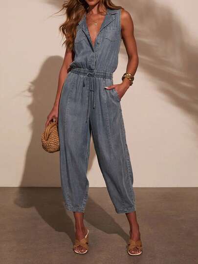 Women's Fashion Vintage Distressed Adjustable Strap Denim Overalls Stretchy Sleeveless Jumpsuit Jeans Pants