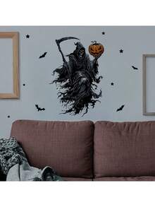 Halloween Reaper Vinyl Wall Decal With Sickle Bats Pumpkin Design, Matte Finish, Detachable, Self-Adhesive, Easy Peel And Stick, Removable, Suitable For For Bedroom, Bathroom, Study Room, Kitchen Art, Fantasy Theme, Halloween Decorations