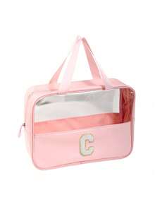 透明PVC洗漱包，字母化妆包，防水旅行洗漱包，字母拉链防水化妆品收纳包，化妆品整理包，便携式旅行化妆包，带便捷提手，适用于旅行洗漱用品、旅行必备品、邮轮必备品、旅行配件、浴室收纳、珠宝收纳、唇膏收纳、指甲油收纳，复活节礼物、伴娘礼物、母亲节礼物、女士洗漱包，大容量女士浴室洗漱包