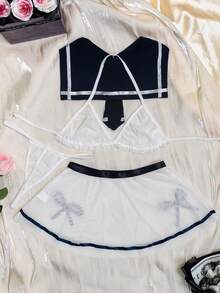 4pcs Women's Sexy Mesh Perspective Three-Point Role-Playing Halloween JK Sailor COS Uniform Lingerie Set Suitable For Home, Role-Playing Or Party Use,Sexy Lingerie