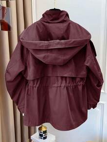 1 chiếc áo khoác dài dệt vải trơn màu có túi rút cài nút phía trước, thường ngày cho mùa xuân/thu - Màu Đỏ Sâu - Xem 2
