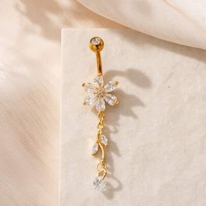 1pc Elegant Cubic Zirconia Flower Design Pierced Navel Ring, Suitable For Women's Daily, Date, Party Wear