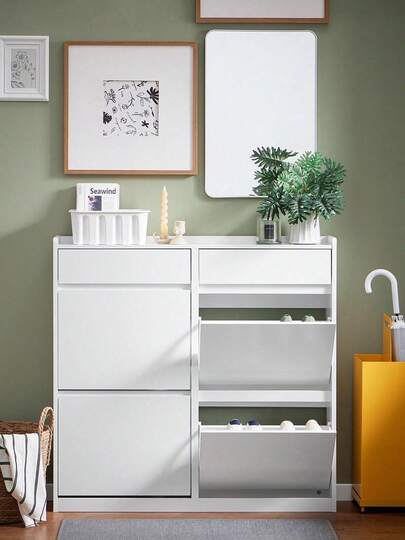 SoBuy Shoe Cabinet Shoe Rack Shoe Storage Cupboard With 4 Flip-Drawers And 2 Pull Out Drawers White W98 X D19 X H95cm FSR169-W