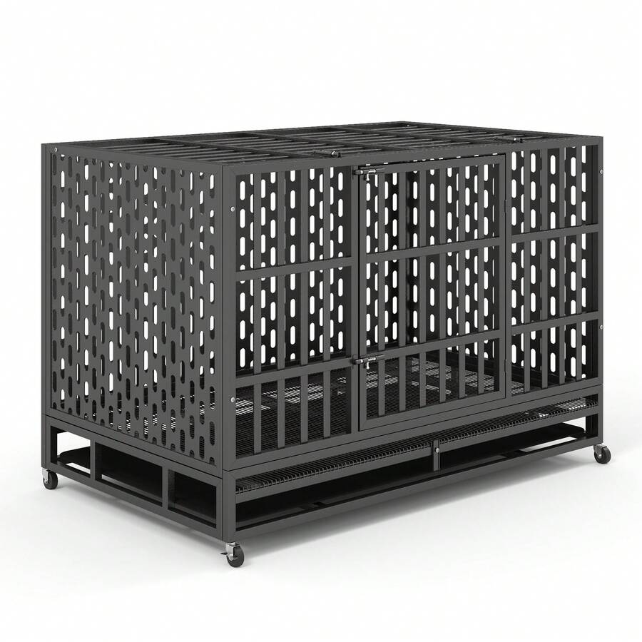 48 Inch Tin Durable Dog Crate, Indoor Escape Proof With Wheels Removable Tray Dog Crate - 48", Black - Xem 1