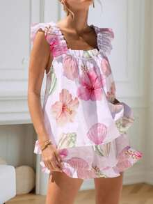 Womens Pajamas Set Bow Floral Print Ruffle Sleeveless Tank Top And Shorts Sleepwear Set Summer 2 Piece Outfits Women Floral Print Pajama Sets 2 Piece Lounge Set Ruffle Trim Sleeveless Top And Shorts Pjs Sleepwear - 粉底海棠花 - 查看 3