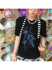 Women Goth Kawaii Clothes Casual Style Soft Crewneck Vintage Cartoon Sketch Fallen Angel Print T-Shirt Tee Top - Black - View 2