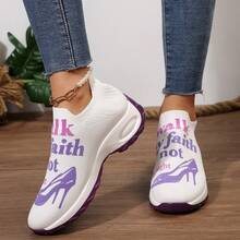 Ladies' Breathable Knitted Slip - On Sports Shoes With Stable Support - Soft EVA Sole, All - Season Casual Shoes. White With Black And Red Accents And "Walk By Faith" High - Heel Pattern Design. Ladies' Comfortable Shock - Absorbing Shoes - 紫色 - 查看 2