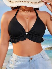 Swim Lushoire Plus Size Basic Triangle Bikini Top, Minimalist Style For Vacation - Black - View 3