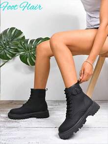 Women's Round Toe Lace-Up Side Zipper Black Combat Boots, New Autumn/Winter PU Leather Fashion Versatile Punk Boots, Multi-Functional Outdoor Non-Slip Boots