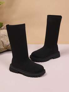 1 par de botas largas elásticas negras para niños pequeños y niños, material de tela suave, diseño de slip-on, adecuado para niños y niñas de 3 a 12 años, moda casual, adecuado para fiestas, salidas, vacaciones, nueva llegada otoño/invierno 2025