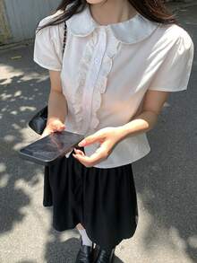 女式短袖纯色荷叶边领衬衫 - 白色 - 查看 8