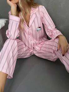 【奇幻世界】情人节Hello Kitty女士翻领纽扣长袖衬衫睡衣+松紧腰裤睡衣套装（2件套） - 粉色 - 查看 1