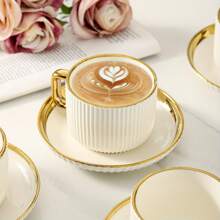 1 Set Ceramic Coffee Cup And Saucer, Ceramic Tea Cup And Saucer Set, European Style Gold Rim Drinkware, Suitable For Breakfast, Tea Party, Afternoon Tea, Home, Garden, Restaurant, Summer And Winter - Multicolor - View 5