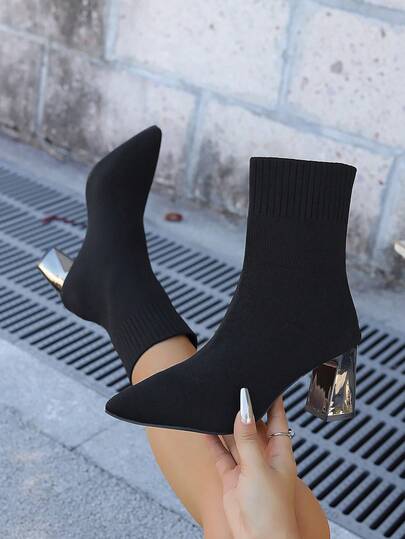 Women's Fashionable, Comfortable, Elegant Elastic Slim Chunky Heel Ankle Boots, Suitable For Spring, Autumn And Winter
