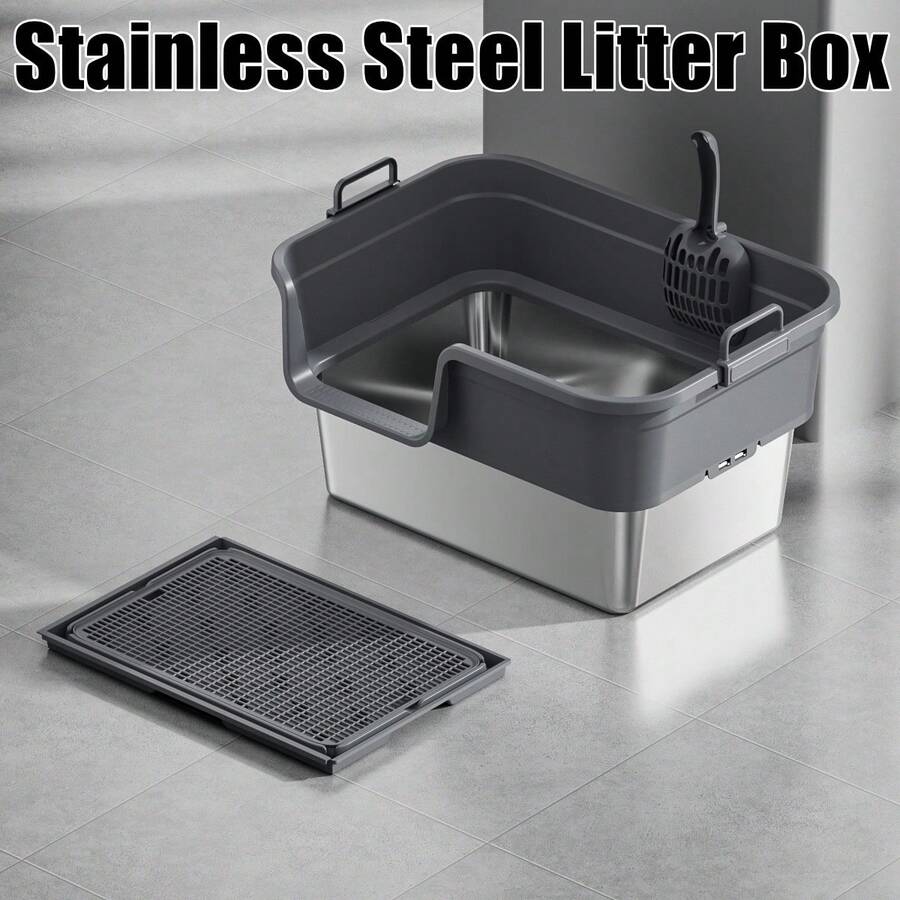 Caja de arena de acero inoxidable con tapa, caja de arena para gatos grandes de metal de gran tamaño, diseño de alto respaldo con pala y pedal, antiadherente, antifiltraciones, fácil de limpiar-ligera