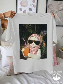 Camiseta oversize con lindo estampado vintage de gato y meteoro, camiseta divertida y tonta de estilo unisex, ropa casual de estilo callejero estadounidense, parte superior de manga corta y cuello redondo sencilla para vacaciones en la playa y país tropical, ideal para cumpleaños de chicas - Blanco - Ver 1