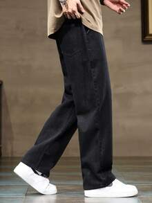 加大码男士抽绳松紧腰弹力牛仔裤，宽松直筒牛仔裤，休闲百搭舒适，四季皆宜 - 黑色 - 查看 4