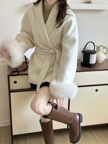 Women's Double-Sided Faux Fur & Wool Blend Coat - Shawl Collar, Tie Waist, Classic Casual, Suitable For Autumn/Winter - White - View 6