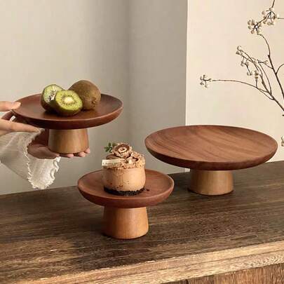 1pc Wooden Cake Stand With Wooden Base, Dessert Display Plate, Multi-Function Fruit Tray, Suitable For Dining Table Decor, Home And Kitchen Serving Platter, Ramadan Use