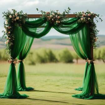 Elegant Dark Green Polyester Curtains Suitable For Wedding Arches And Receptions - Transparent Fabric With Lush Floral Accents, Perfect For Valentine's Day, Easter Celebrations, Etc. - 100% Polyester, Rectangular, Wedding Decorations