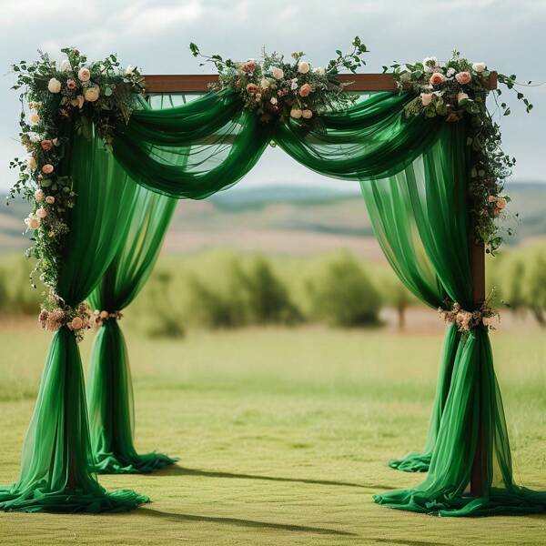 Elegant Dark Green Polyester Curtains Suitable For Wedding Arches And Receptions - Transparent Fabric With Lush Floral Accents, Perfect For Valentine's Day, Easter Celebrations, Etc. - 100% Polyester, Rectangular, Wedding Decorations