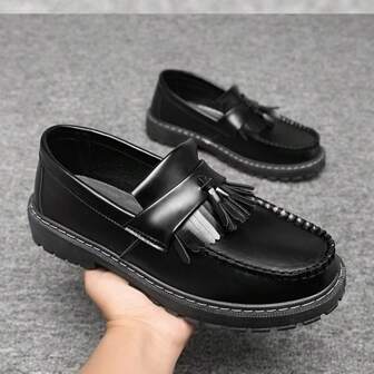 Men's Solid Color Preppy Style Tassel Slip-On Loafers, Casual British Office Business Formal Soft Bottom Moccasins, Black, Spring Autumn