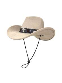 1pc Unisex Faux Suede Cowboy Hat With Leather Decoration, New Vintage Cyberpunk Bohemian Style Adjustable Wide Brim Hat, Fashionable Street Style, Gift For Men, Suitable For Parties, Western Themed Events, Gatherings, Cosplay, Graduation, Masquerade, Festivals, Birthdays, Music Festivals, Hiking