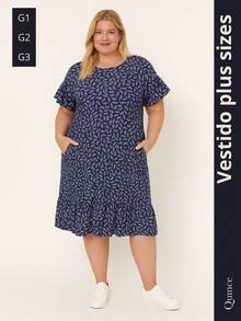 Printed Plus Size Dress With Pocket And Ruffle - Màu xanh lam - Xem 1
