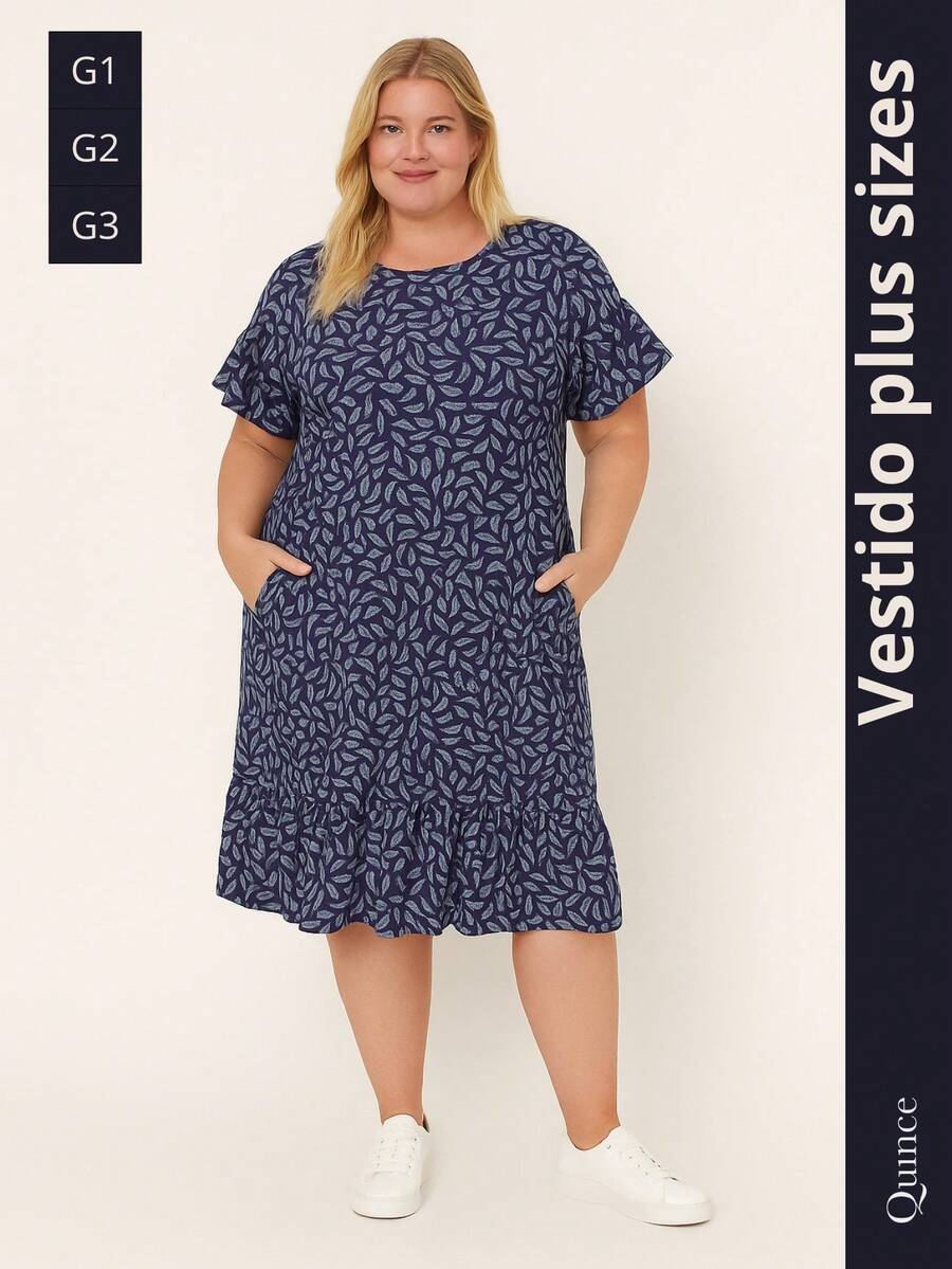 Printed Plus Size Dress With Pocket And Ruffle - Màu xanh lam - Xem 1