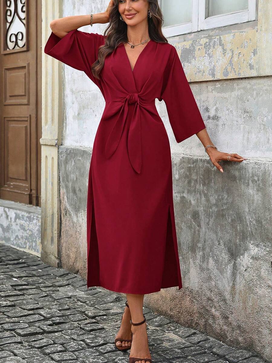Elegaris Women's Elegant Commuter Solid Color Tie Waist Dress Spring - Red Violet - View 1