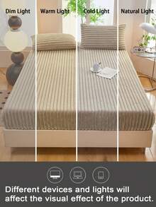 1 pieza Juego de sábana ajustada de franela con rayas gruesas, suave y cómoda, adecuada para dormitorio, dormitorio, hotel, aplicable para camas individuales, dobles, queen, king, otoño/invierno/primavera - Camel - Ver 8