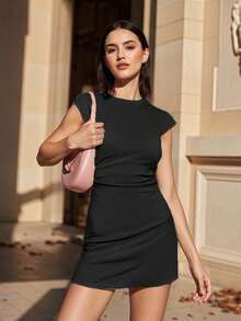 Women's Ruched Bodycon Mini Dress Cap Sleeve High Neck Solid Color Dress Night Out Dress - Black - View 3