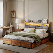 Cama tapizada, 140x200cm, canapé con 4 cajones, diseño industrial moderno con decoración en madera, con cabecero de almacenaje en PU, estructura de hierro, cama doble, sin colchón, color negro - Negro - Ver 2