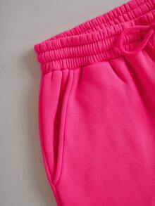 Plus Size Women's Casual Versatile Rose Red Hooded Sweatshirt And Thermal Lined Sweatpants Set, With A Hope Rose Pattern Printed On The Chest. A Two Pieces Set Featuring A Versatile Basic Style Suitable For Autumn And Winter.