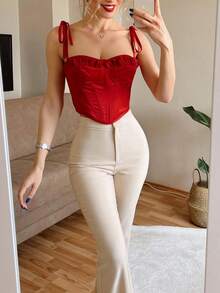 优雅修身高腰喇叭皮裤，修身保暖，适合秋冬日常穿着 - 杏色 - 查看 6