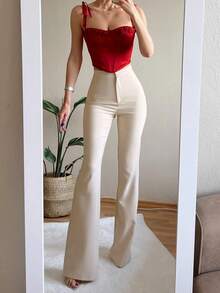 优雅修身高腰喇叭皮裤，修身保暖，适合秋冬日常穿着 - 杏色 - 查看 5