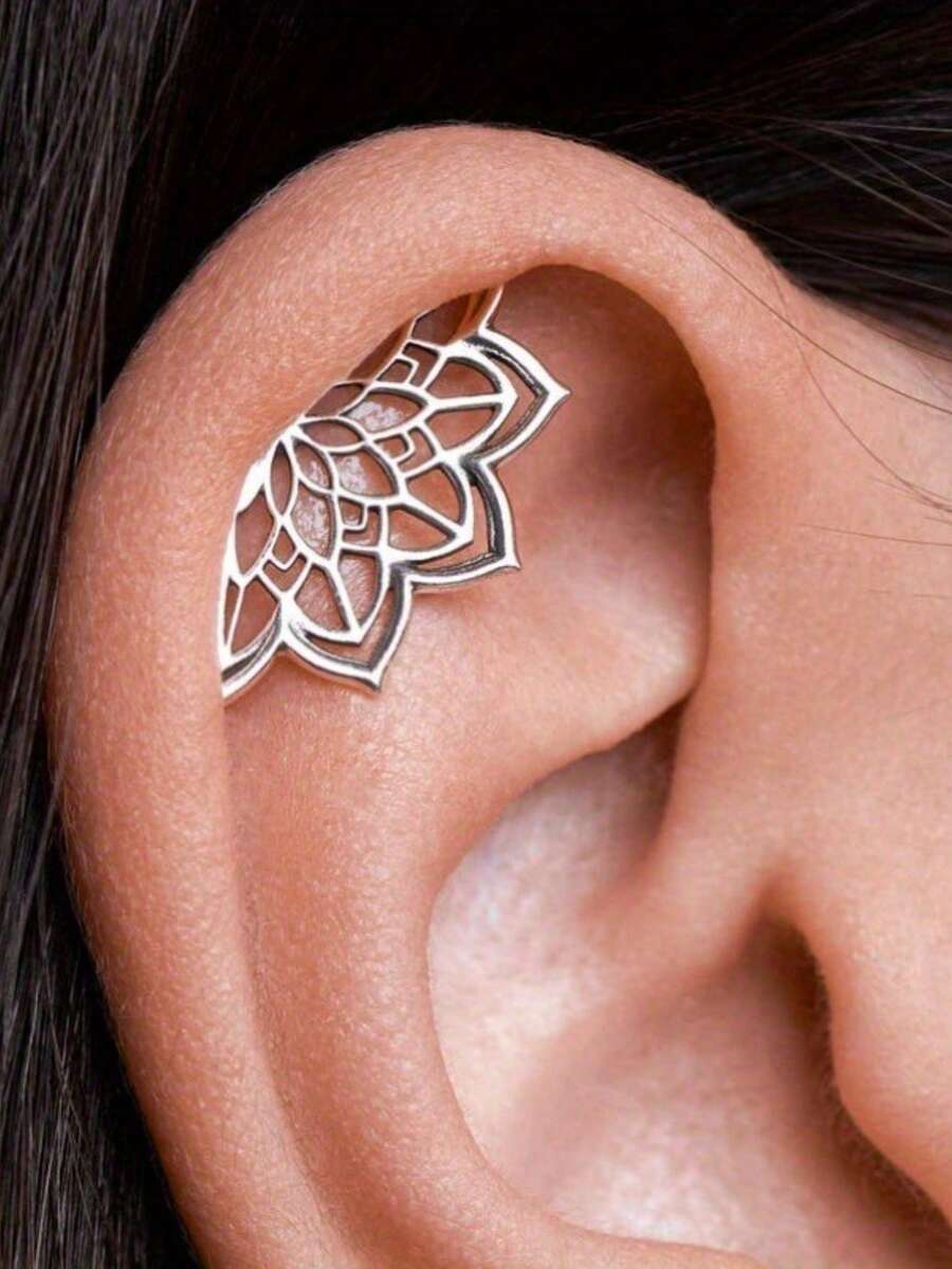 1 Pair Boho Earring Geometric Lotus Flower Hidden Helix PiercingCartilage Bohemian Silver Color Spiritual Jewelry - hoa tai - Xem 1