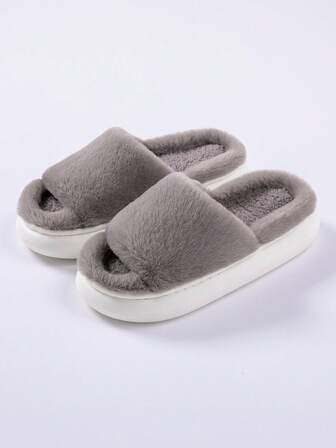 Women's Solid Color Casual Fluffy Fur Lined Indoor Slippers, Couple Shoes For Autumn/Winter