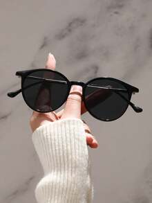 1 Pair Plastic & Metal Round Full-Rim Women's Fashion Glasses, Suitable For Driving, Camping, Rave Parties, Street Photography, Tropical Beach Vacation, Family Outings, Outdoor Attire, Dating, Fashion Accessory - 黑框灰片-1 - 查看 2