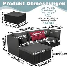 LILIIN Polyrattan Garden Furniture Set Outdoor Lounge Balcony Furniture Garden Lounge With 3-Seater Sofa, Table, Armchair, Stool, Seat Cushion, Weatherproof, Terrace Furniture Seating Group For Garden, Balcony And Patio, Black - 黑色 - 查看 2