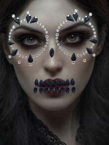 (One) Black And White Facial Diamond Sticker, Suitable For Carnival Parties, Masquerade Parties, Music Festivals, Halloween And Other Festivals. The Sparkling Gemstone Eye Face Rhinestone Sticker Is Decorated With Circular And Droplet Shaped Arrangements, Waterproof And Durable Simulation Personalized Self-Adhesive Diamond Sticker - Black and White - View 7