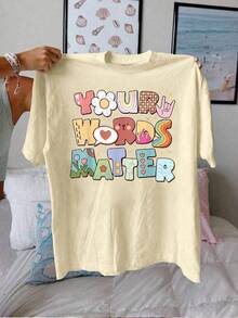 Speech Therapy  Graphic Printed Casual Round Neck Short Sleeve T-Shirt Women's Summer Tops - 杏色 - 查看 2