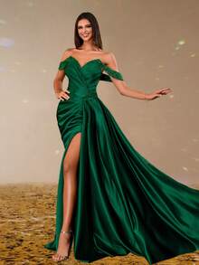 翠绿色缎面露肩晚礼服，性感开衩女士礼服，闪光吊带垂坠紧身舞会礼服，优雅长裙，适合派对、庆典、婚礼宾客 - 綠色 - 查看 6