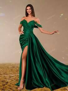 Emerald Green Satin Off Shoulder Evening Dress, Sexy Slit Formal Gown For Women, Glitter Strap Draped Bodycon Prom Dress, Elegant Long Dress For Party, Gala, Wedding Guest