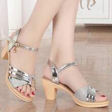 Sandalias de tacón grueso con correa de una sola pieza, punta abierta, tacón alto, sandalias de tacón alto, zapatos de mujer, zapatos, zapatos deportivos de mujer. - Plateado - Ver 4