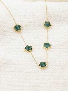 14K Gold Pendant Four Leaf Clover Necklace Women Lucky Flower Jewelry - 綠色條紋-14K鍍金 - 查看 11