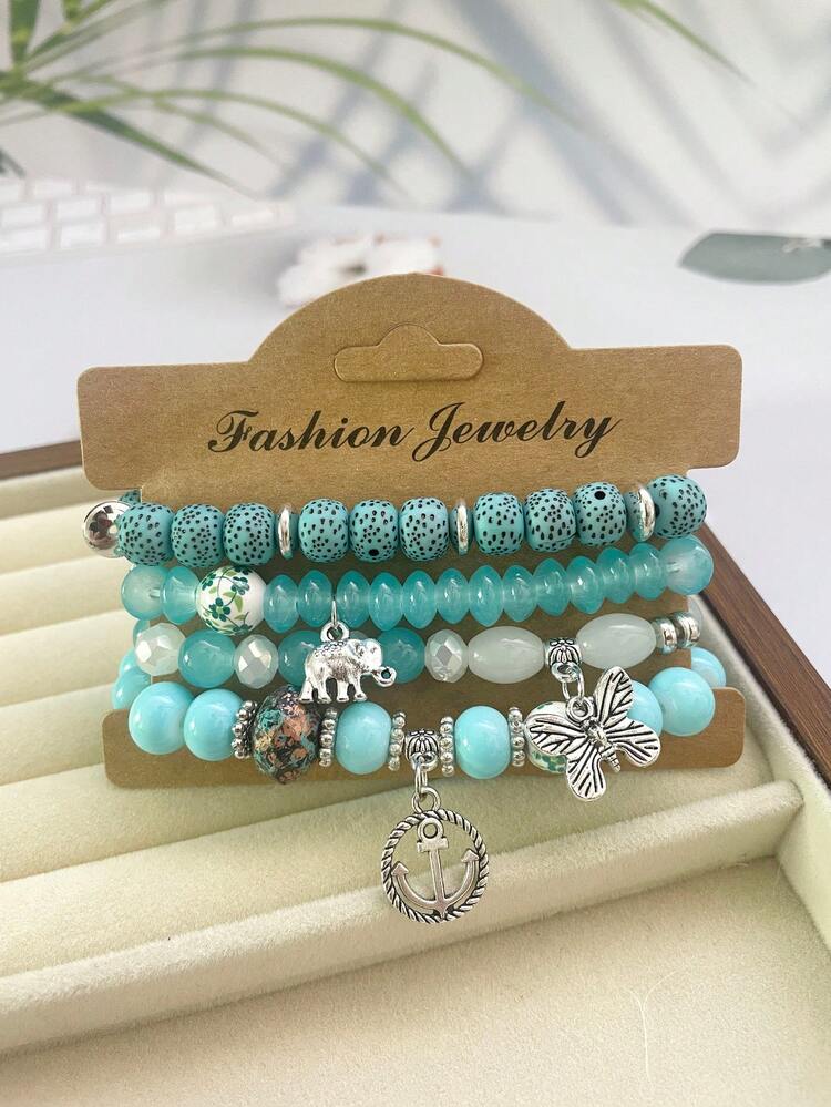 1pc Bohemian Style Multi-Color Beaded Bracelet For Women With Butterfly, Boat, Anchor And Elephant Shaped Alloy Pendants - Multicolor - View 13