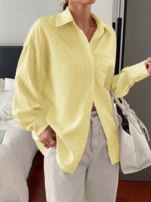 Look Polly Women's Christmas Halloween Striped Long Sleeve Shirt,Single Breasted Casual Fashion, Fall Women Clothes, Pocket Design, Back To School Clothes, Old Money Style Women Striped Shirt Outfit Winter Clothesshirt Butter Yellow Shirt